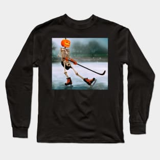 ce Hockey playing skeleton Halloween Digital Art Funny Long Sleeve T-Shirt